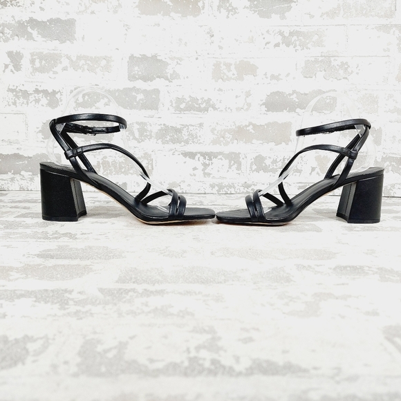 New Nordstrom Lagrange Black Faux Leather Block Heel Strappy Sandals K90 - Picture 7 of 13